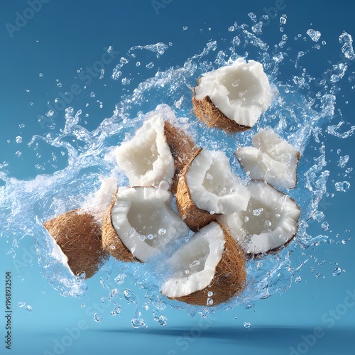 The image depicts several pieces of a coconut, some with shells and others revealing the white flesh inside, suspended in mid air