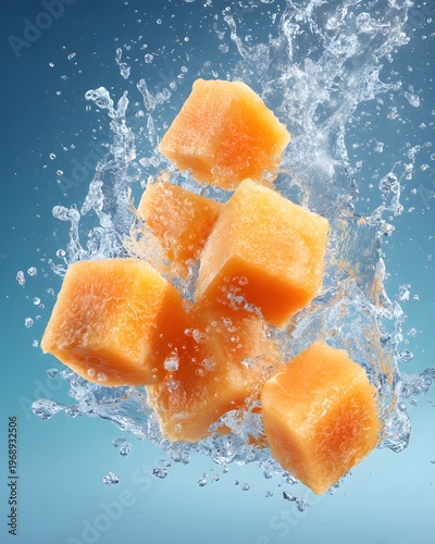 The image features five orange colored cubes, likely pieces of fruit, suspended in mid air and surrounded by splashes of water