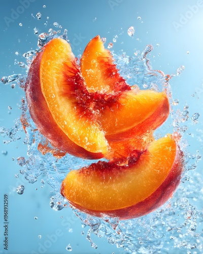 The image features a close up of a vibrant, juicy peach slice splashing into water against a light blue background