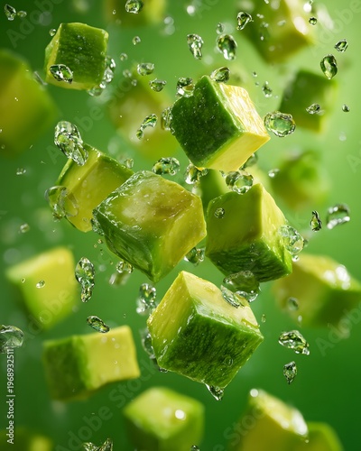 The image features multiple chopped pieces of cucumber suspended in mid air, surrounded by splashes of water droplets