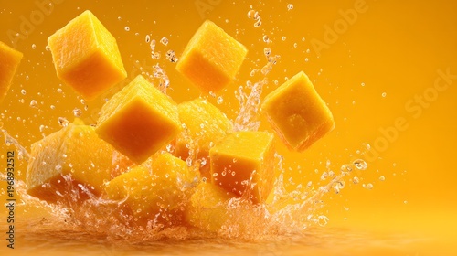 The image features several bright yellow cubes, likely pieces of fruit, being dropped into a liquid with a splash
