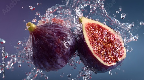 The image features two figs, one whole and one cut in half, surrounded by splashing water droplets