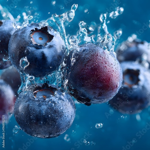 The image depicts a close up of several blueberries submerged in water, with some caught mid splash