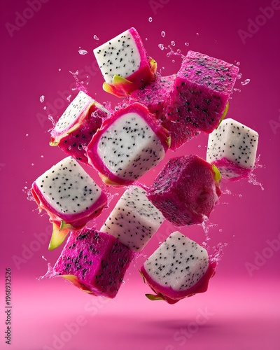 The image features several cubes of fresh dragon fruit suspended in mid air against a vibrant pink background