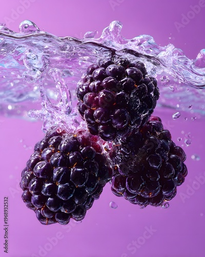 The image features three blackberries submerged in water, with a splash created by their movement