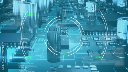 Animation of scope scanning and data processing over computer circuit board on blue background