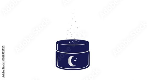 A dark blue cylindrical container with a crescent moon design and steam rising.