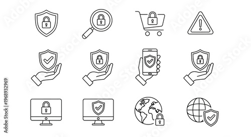 Essential conceptual line icons illustrating robust digital security, data protection, and online privacy measures for modern web and application interfaces