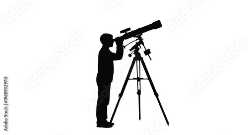Man looking through telescope on tripod astronomy stargazing in night sky with celestial objects