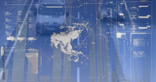 Traffic footage with a graph and statistics rotating on a blue background