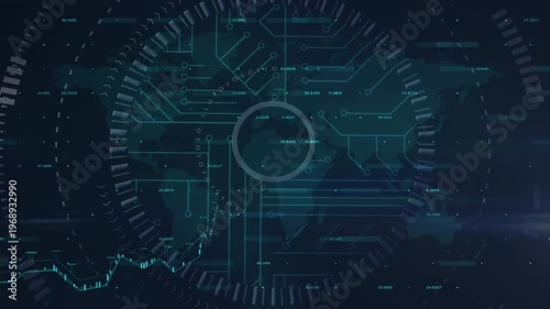 Animation of round scanner and data processing over world map against black background