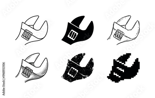 wrench jaw, arranged as a clean  Variant 1: clean thin outline, no fill, rounded joins, even stroke.