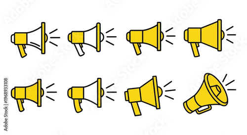 Collection of eight megaphone illustrations in yellow, showcasing different angles and perspectives for broadcasting messages and announcements