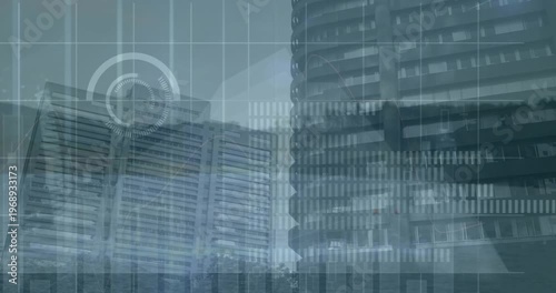 Animation of statistical data processing against view of tall building