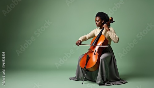 Black woman plays cello with bow on light green backdrop. She wears cream sweater and grey skirt. Focused musician creates classical melody with stringed instrument.