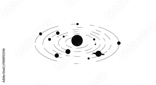 Minimalist Solar System Illustration with Sun and Orbiting Planets