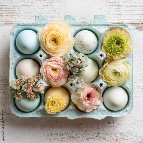 Spring egg carton flat lay with pastel Easter eggs and flowers
