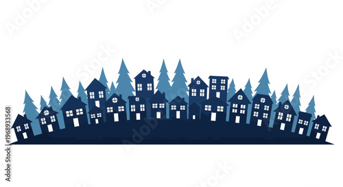 Charming cartoon village silhouette with diverse houses and pine trees under a dark blue sky, perfect for holiday or winter themes