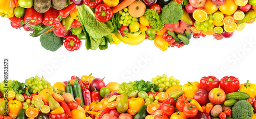 Panorama of fruits, vegetables and berries isolated on white background for p...