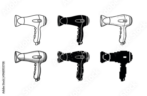 compact blow dryer, arranged as a clean  Variant 1: clean thin outline, no fill, rounded joins, even