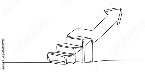 A single continuous line drawing of steps leading up to an arrow pointing towards the sky growth. Vector, illustration