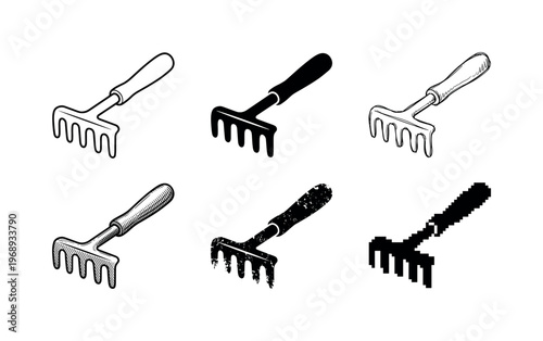 compact hand rake, arranged as a clean  Variant 1: clean thin outline, no fill, rounded joins, even stroke