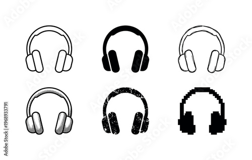 compact headphone with headband curve and rounded ear cushions, simple music accessory, arranged as a clean 2Г—3 set, nothing