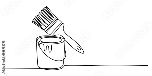 A single continuous line drawing of a paint brush resting on top of a small open metal paint can. Vector, illustration