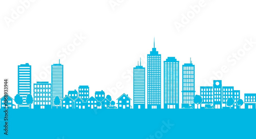 Dynamic blue cityscape silhouette illustration, showcasing modern urban architecture with diverse buildings including skyscrapers, homes, and schools against a white background