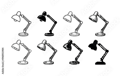 desk lamp, arranged as a clean  Variant 1: clean thin outline, no fill, rounded joins, even stroke.