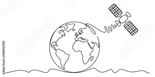 A single continuous line drawing of planet earth orbiting with a communications satellite above it Vector, illustration