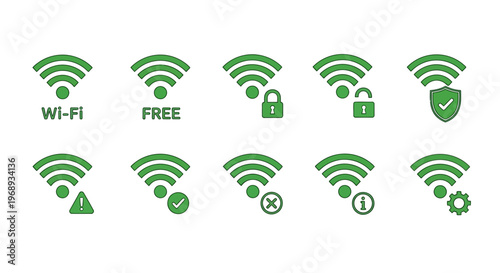Green Wi-Fi icons illustrating network signal strength, connection status, security, and common internet issues for modern digital interfaces