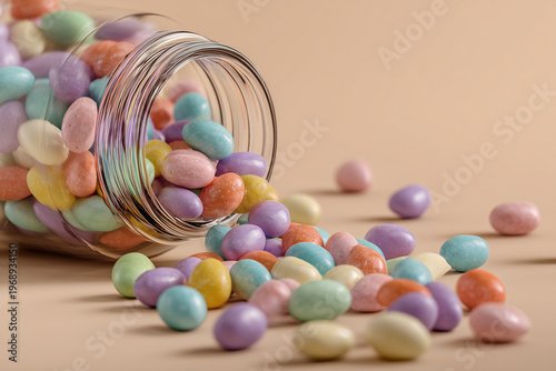 Easter candy eggs spilling from glass jar on beige background