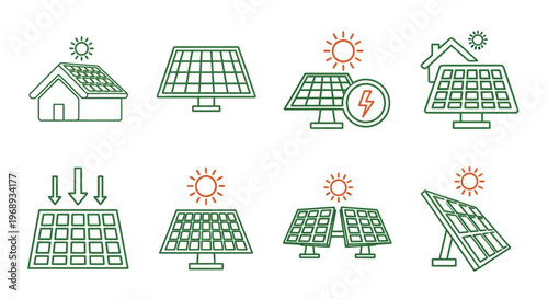 Collection of solar panel icons representing clean energy generation and home power solutions