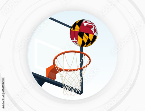 Maryland Flag Themed Basketball in Motion, Scoring Moment in Basketball Game.