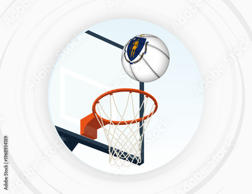 Massachusetts Flag Themed Basketball in Motion, Scoring Moment in Basketball Game.