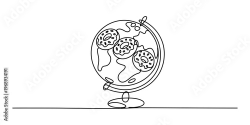 A simple black and white line drawing of a globe with three donuts placed on top of the continents Vector, illustration
