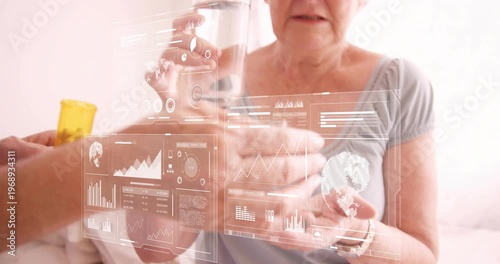 Nurse uncapping pill bottle, pouring into patient hand, administering medication under data overlay