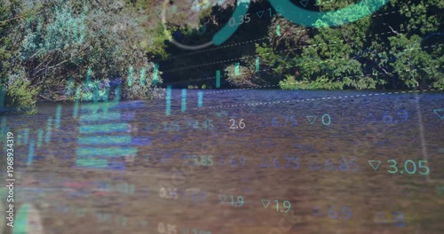 River surface anchoring frame, HUD appearing after sun glint, candlesticks rising, showing trends