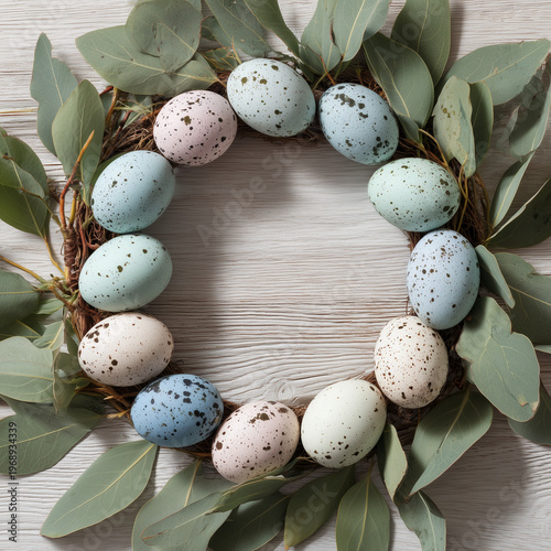 Pastel Easter wreath with eggs greenery and copy space