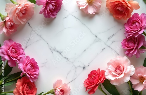 Pink and coral flowers arranged on white marble surface. Delicate blossoms with green stems create natural border. Clean copy space background, gentle light.