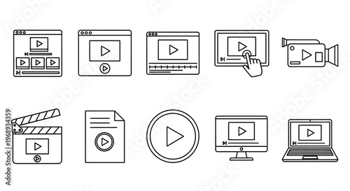 Collection of video player icons, media player icons, and camera icons for digital content and broadcasting