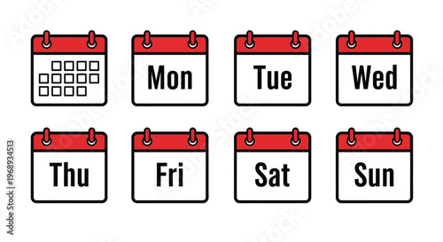 Essential vector icons depicting a comprehensive weekly calendar and individual days, perfect for scheduling, time management, and date-related graphic design projects