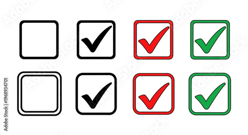 Comprehensive vector collection of modern checkbox icons, showcasing unselected and confirmed states with distinct black, red, and green check marks for various digital projects 
