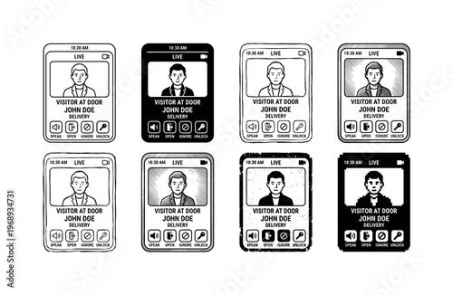 intercom screen, arranged as a clean  Variant 1: clean thin outline, no fill, rounded joins, even stroke.