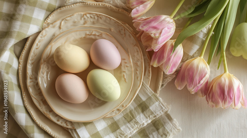 Easter brunch table with tulips eggs and gingham napkin