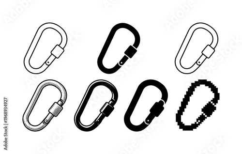 carabiner locking mechanism, arranged as a clean  Variant 1: clean thin outline, no fill, rounded joins,