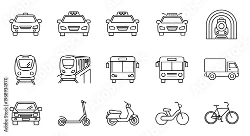 Collection of various transportation icons including cars, trains, buses, scooters, and bicycles for navigation and travel services