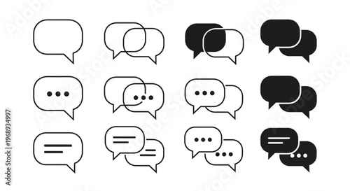 Set of various speech bubble icons representing communication and dialogue, with different styles and filled options