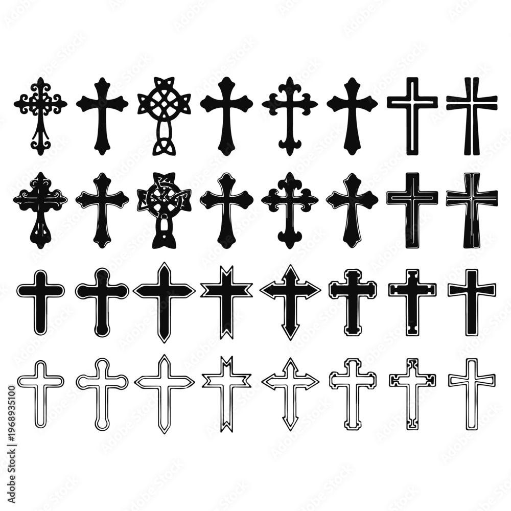 Fototapeta premium Set of Christian Cross Icons Collection Black Decorative Religious Vector Symbol